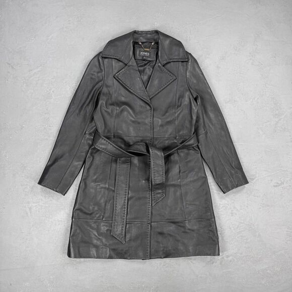 Vintage Jones New York Black Leather Snap Front Belted Long Coat Women's Small - Picture 1 of 4